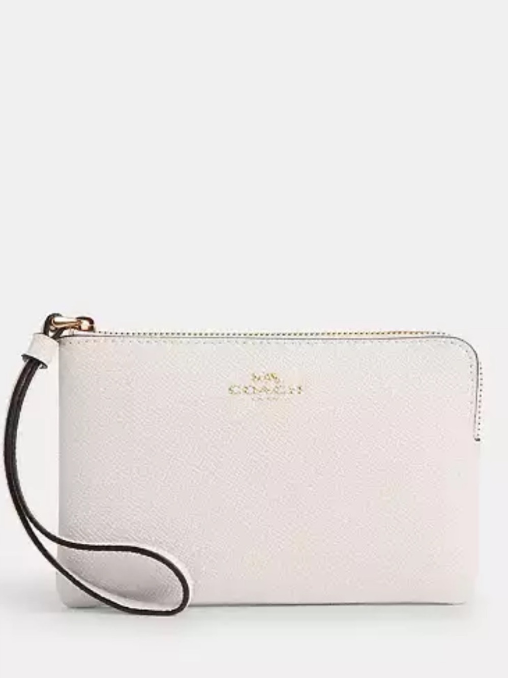 COACH Pebble Leather Corner Zip Wristlet Chalk White Gold Logo Wallet Bag CP483